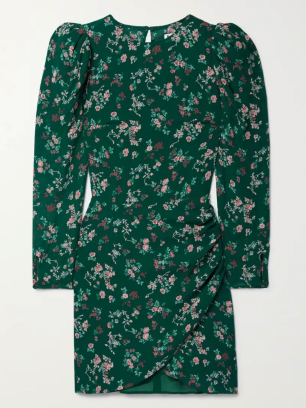 NWT Reformation Juni Gathered Floral-Print Crepe Mini Dress Deep Green Size 2